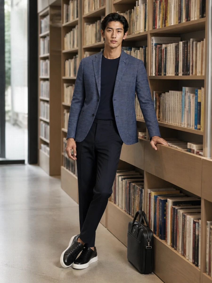 Emporio armani navy blazer outfit sneakers