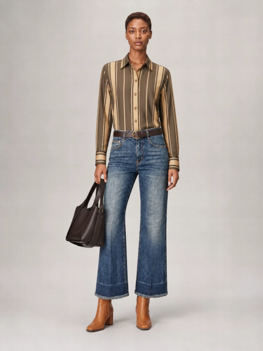 Washed wide-leg denim pairs with an olive and camel striped shirt for a clean, soft-structured take on everyday dressing. Cognac sock boots and an espresso shoulder bag sit in the same warm family, giving the indigo a richer, more grown-up mood. A slim dark chocolate belt quietly defines the waist so the relaxed proportions feel intentional rather than slouchy.
