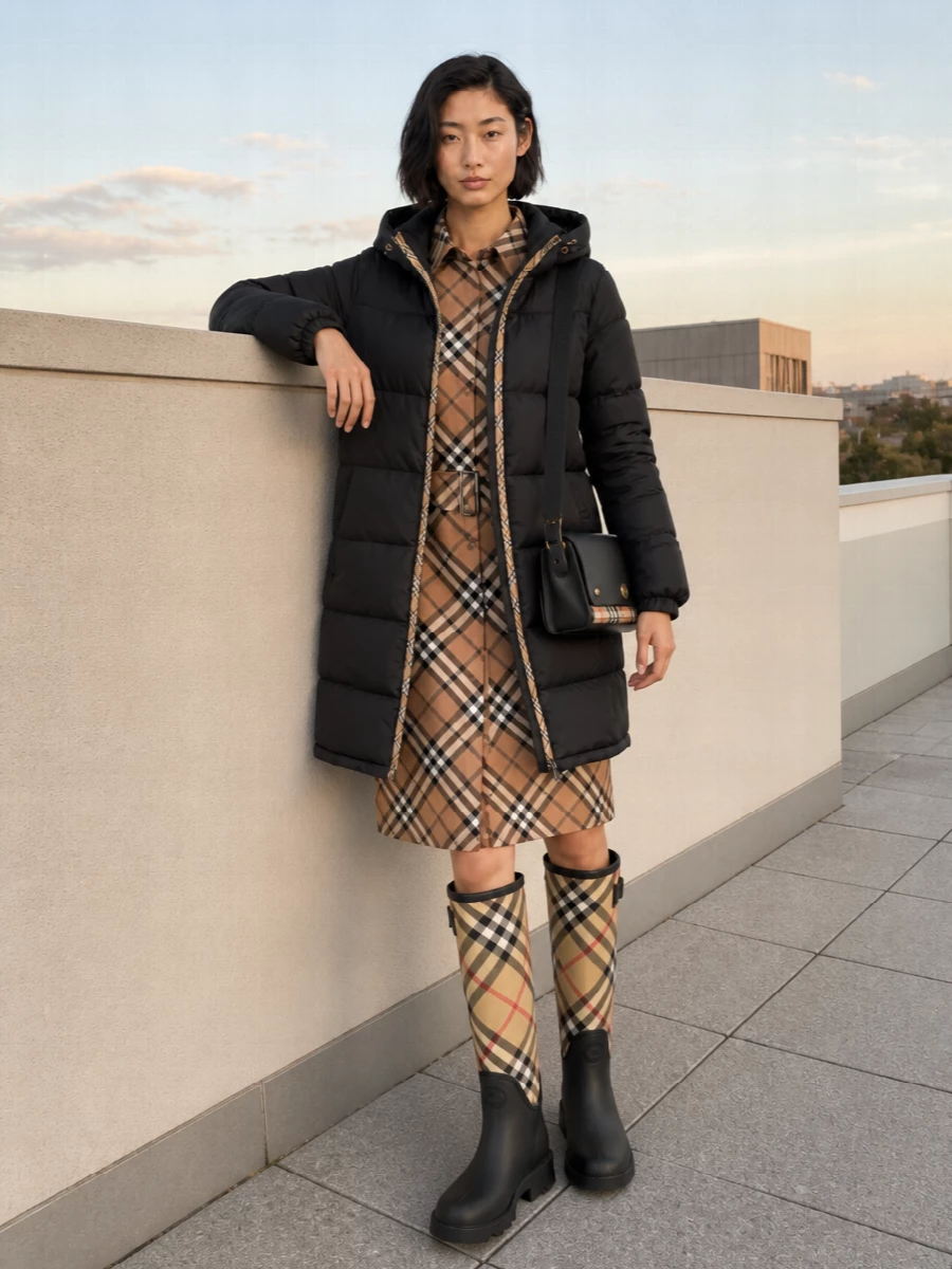 Burberry parka checked shirt dress rain boots