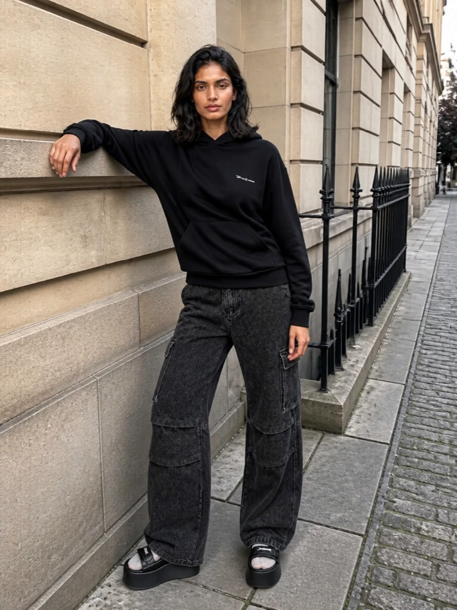 Coperni black hoodie cargo jeans platform sandals