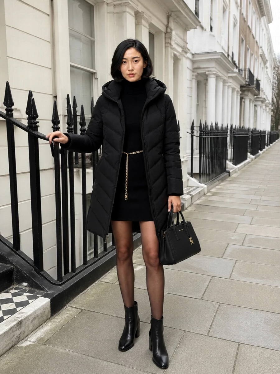 I am building around the dress path rather than separates to stay close to the source image’s formula of a clean black mini under a long, insulated coat. The ribbed turtleneck dress, sculpted ankle boots and compact structured bag keep everything streamlined and quietly confident, so the parka reads intentional instead of purely functional. The result is a winter city outfit that moves easily from office hours to dinner while feeling warm, leggy and minimal in all the right ways.