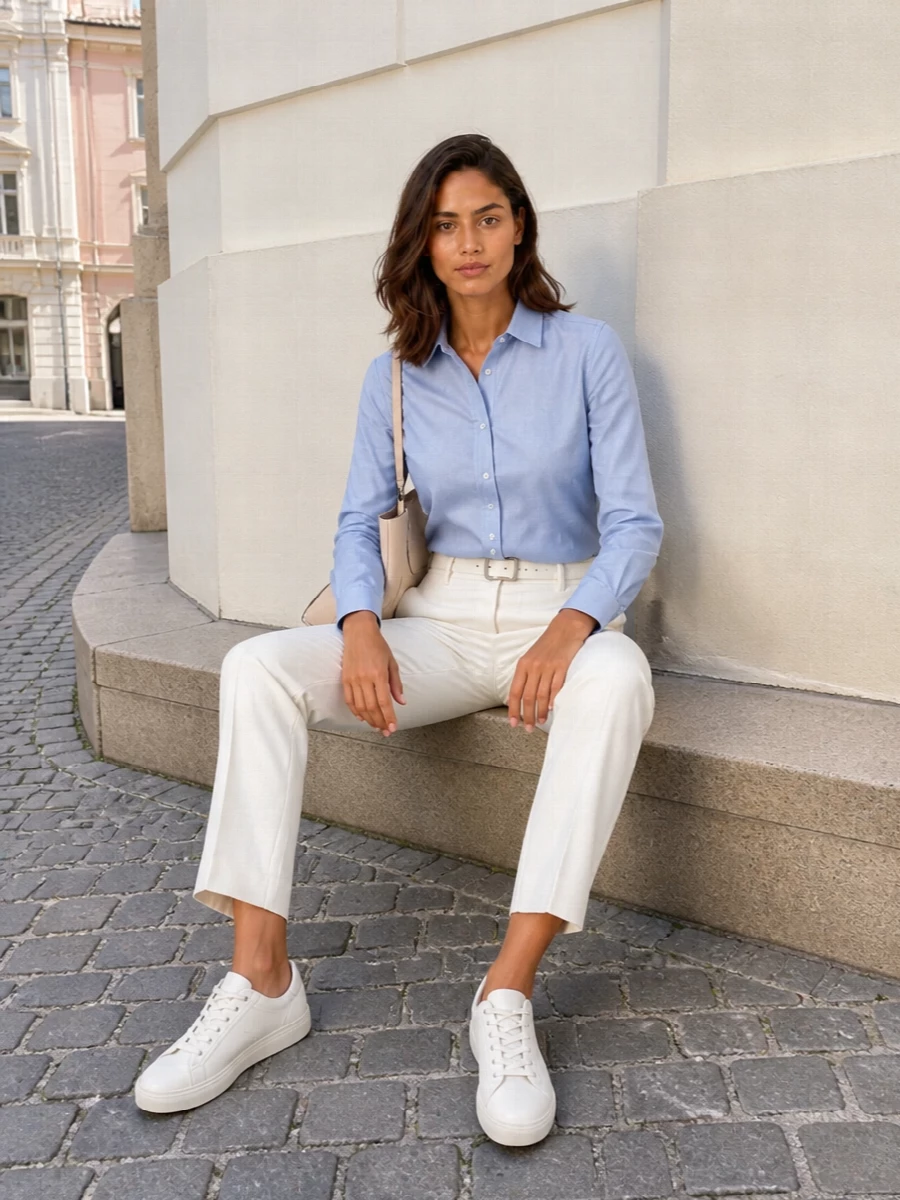 Ralph lauren blue shirt ivory trousers outfit