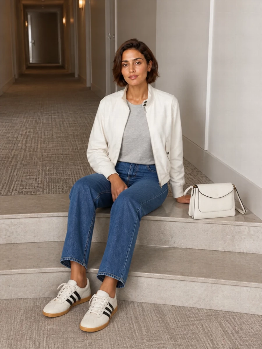 I’m keeping this on the denim path rather than a dress, so the bomber stays the hero and the rest of the outfit feels like an easy, repeatable uniform. Soft grey knit, mid-blue straight jeans, cream-and-black trainers and a structured ivory shoulder bag create a tight neutral story that feels fresh, city-ready and quietly sporty. The proportions stay clean and long through the leg while the cropped bomber and short sleeve knit keep the top half light for warm-season wear.