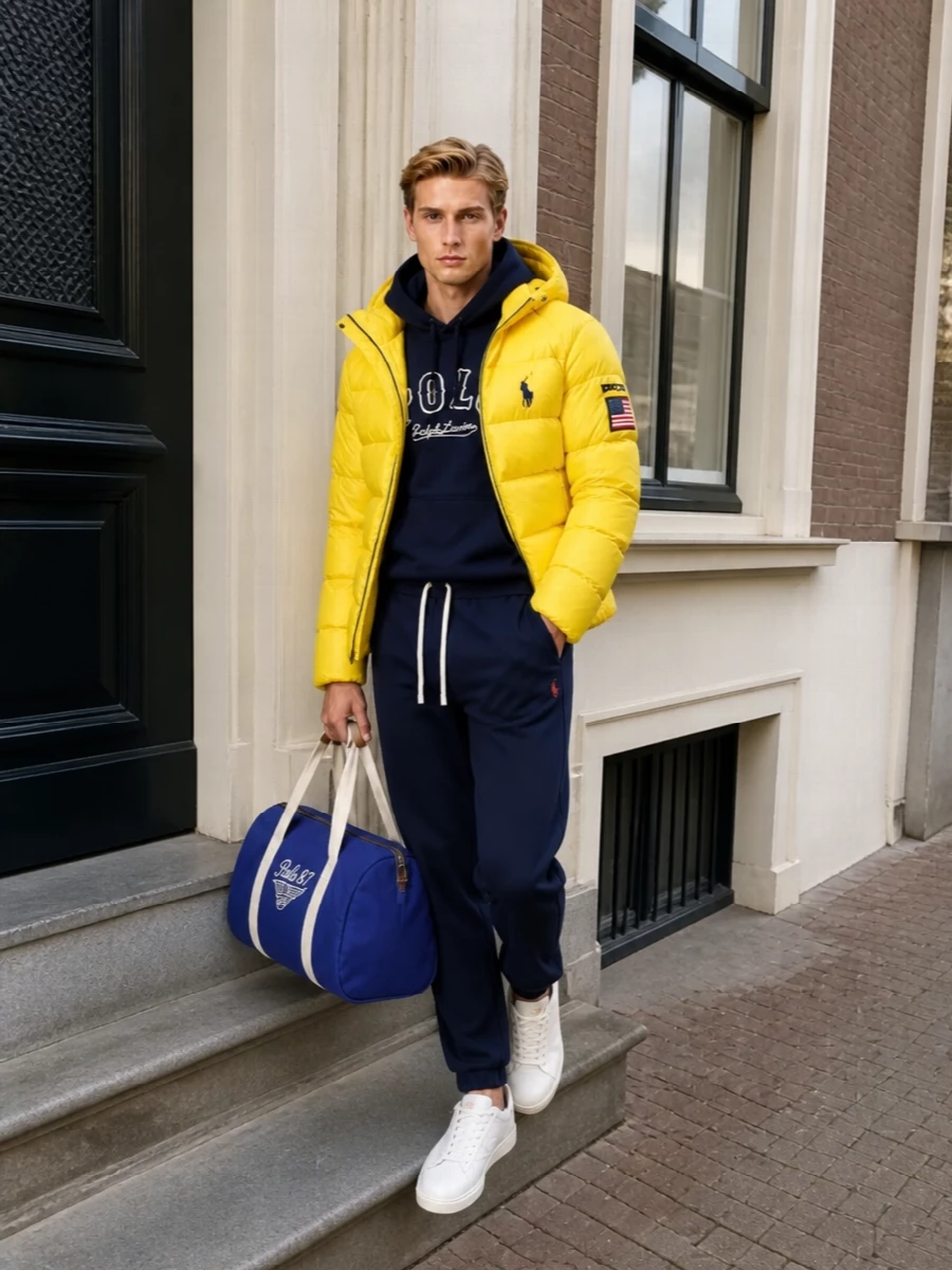 Polo ralph lauren yellow puffer navy joggers outfit