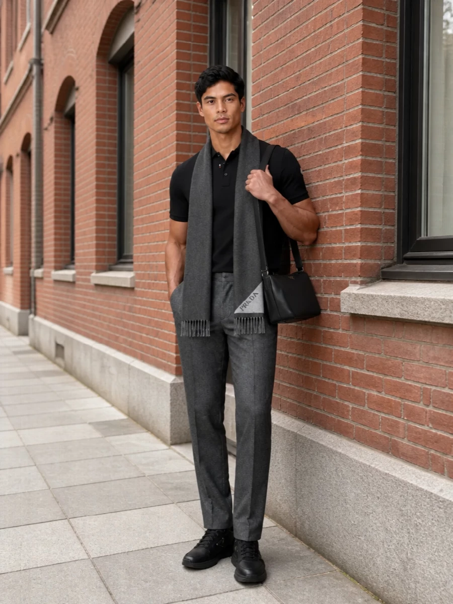 Moncler polo charcoal trousers prada sneakers