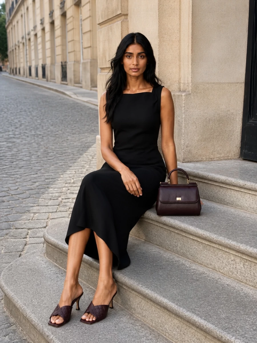 A sculpted black Bottega Veneta midi dress and deep plum woven mules set a quietly commanding evening mood that lets the aubergine top‑handle bag take focus. The restricted palette of black and rich wine tones feels intentional and modern, with clean lines and subtle texture shifts giving depth without noise. This is a refined city dinner ensemble for someone who prefers impact through cut, proportion and colour restraint rather than overt branding or embellishment.