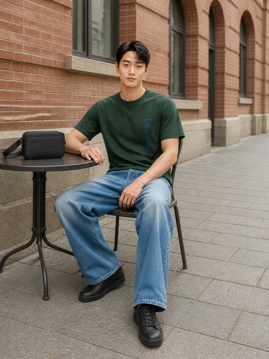 Dior green tee wide leg jeans black sneakers