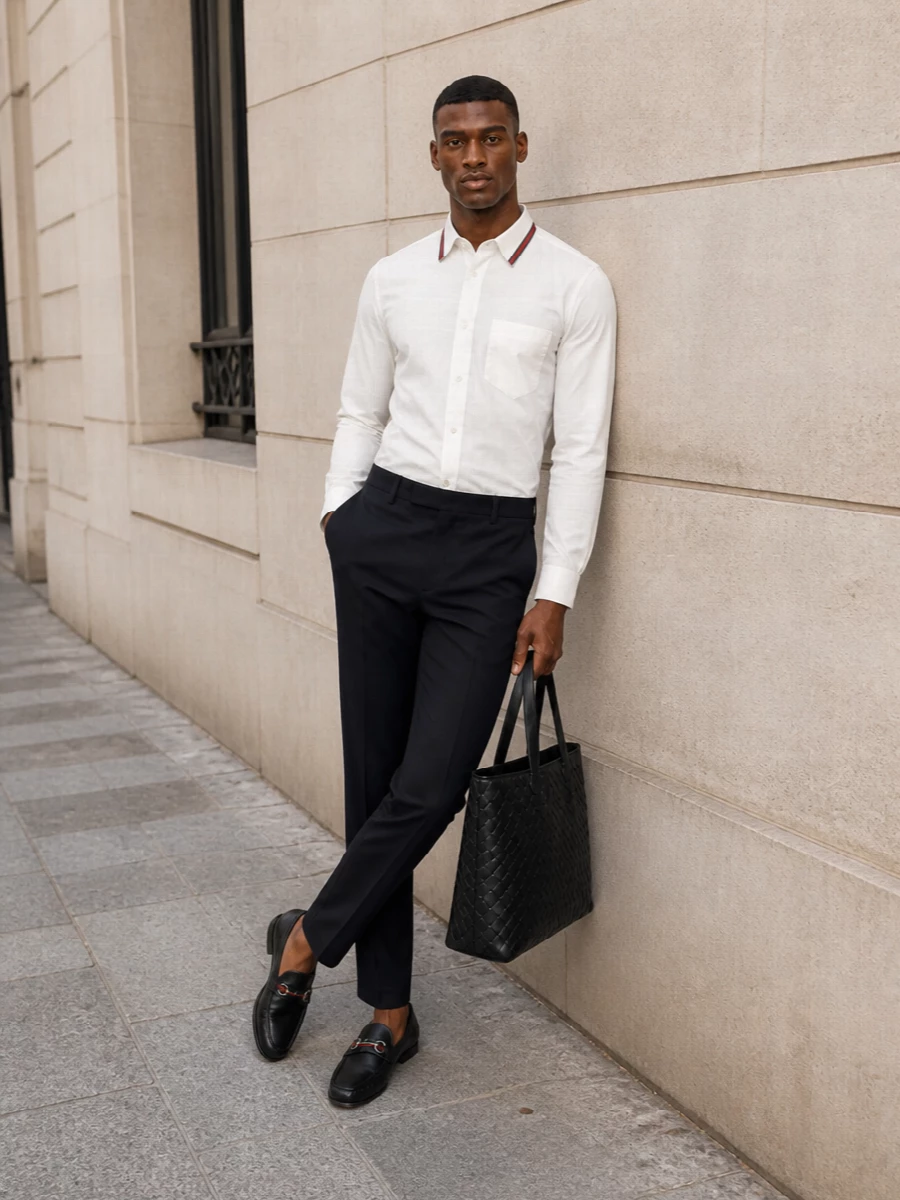 Gucci shirt loafers navy tailored trousers