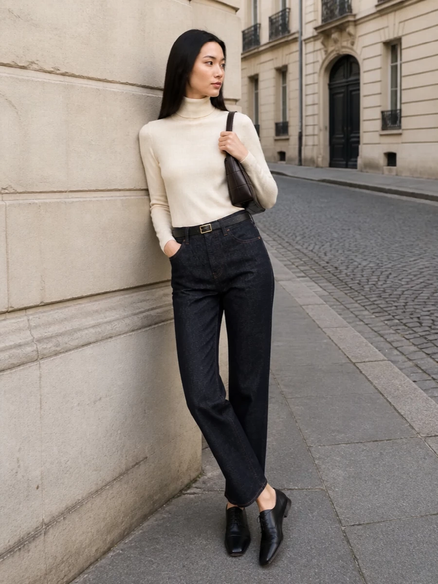 Ink-navy straight-leg denim is paired with a buttercream The Row turtleneck for a clean, elongated silhouette that feels grown-up yet effortless. A dark-chocolate intrecciato shoulder bag and whisper-thin black belt quietly sharpen the palette, while sleek almond-toe oxfords keep the look grounded and polished for all-day city wear. The result is a restrained FW uniform built entirely on texture, proportion and quietly impeccable materials.