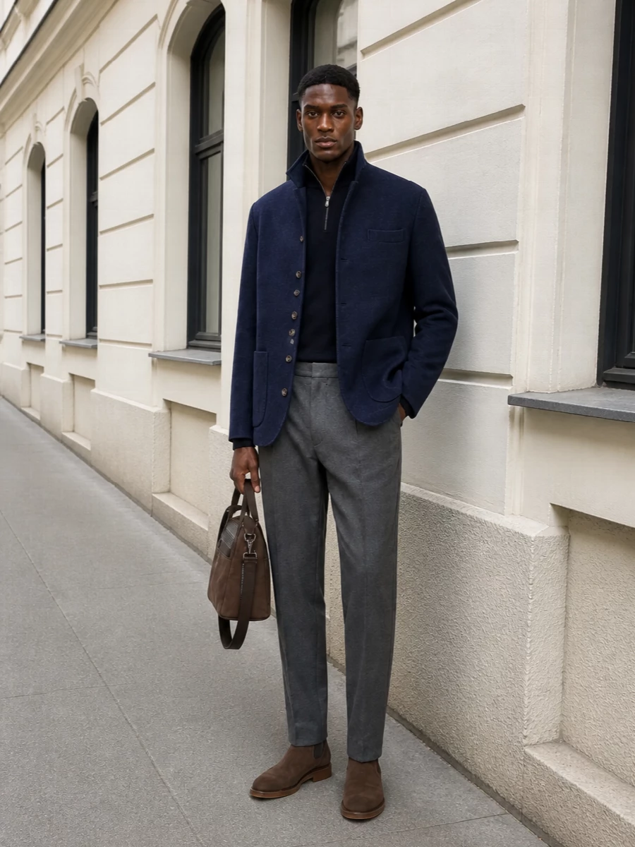 Brunello cucinelli navy coat suede chelsea boot outfit
