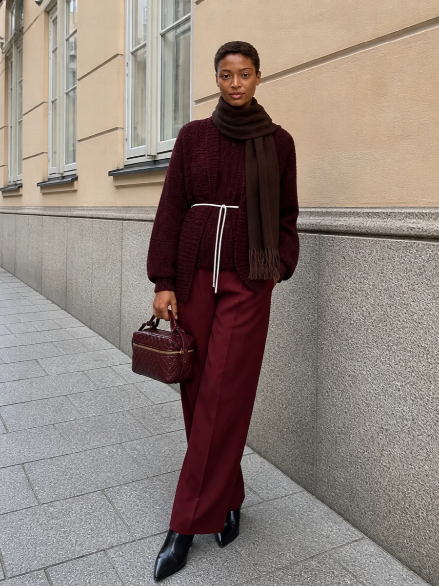 Dries van noten burgundy cardigan wide leg trousers