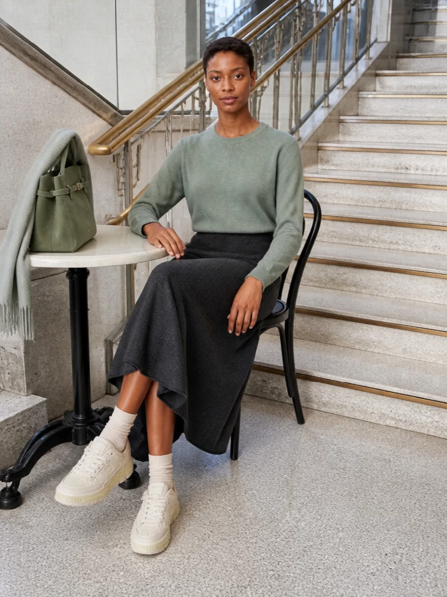 Extreme cashmere sage sweater charcoal knit skirt