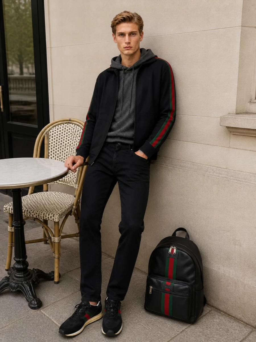 Gucci black web stripe hoodie denim runners