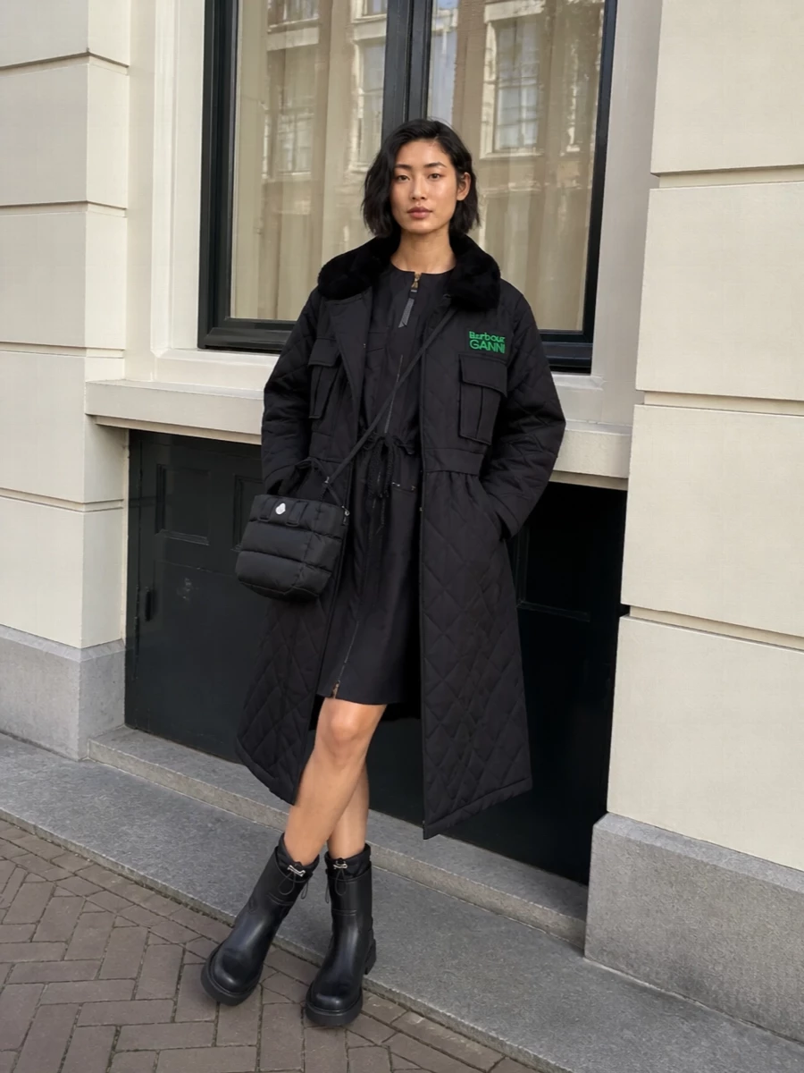 Moncler black utility dress quilted coat outfit