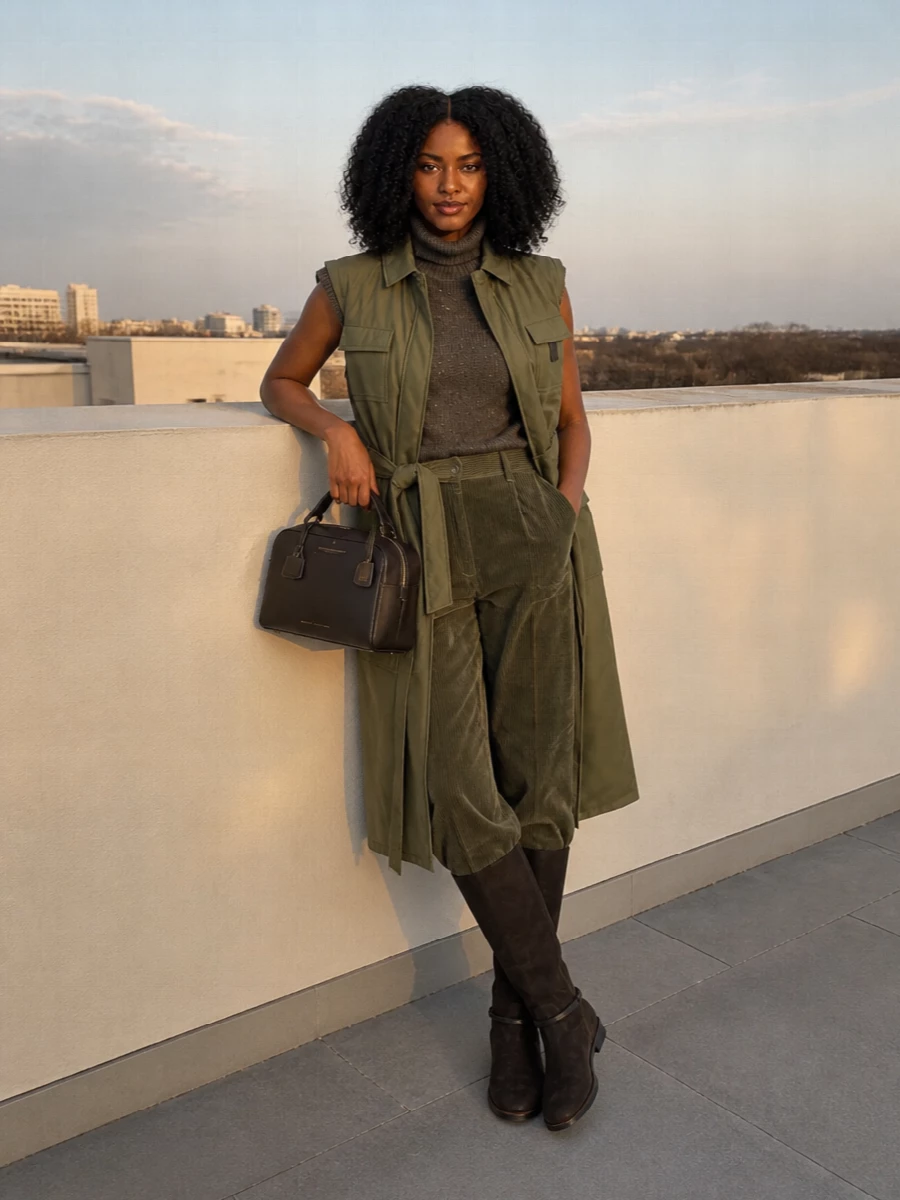 Brunello cucinelli olive gilet wide leg cords outfit