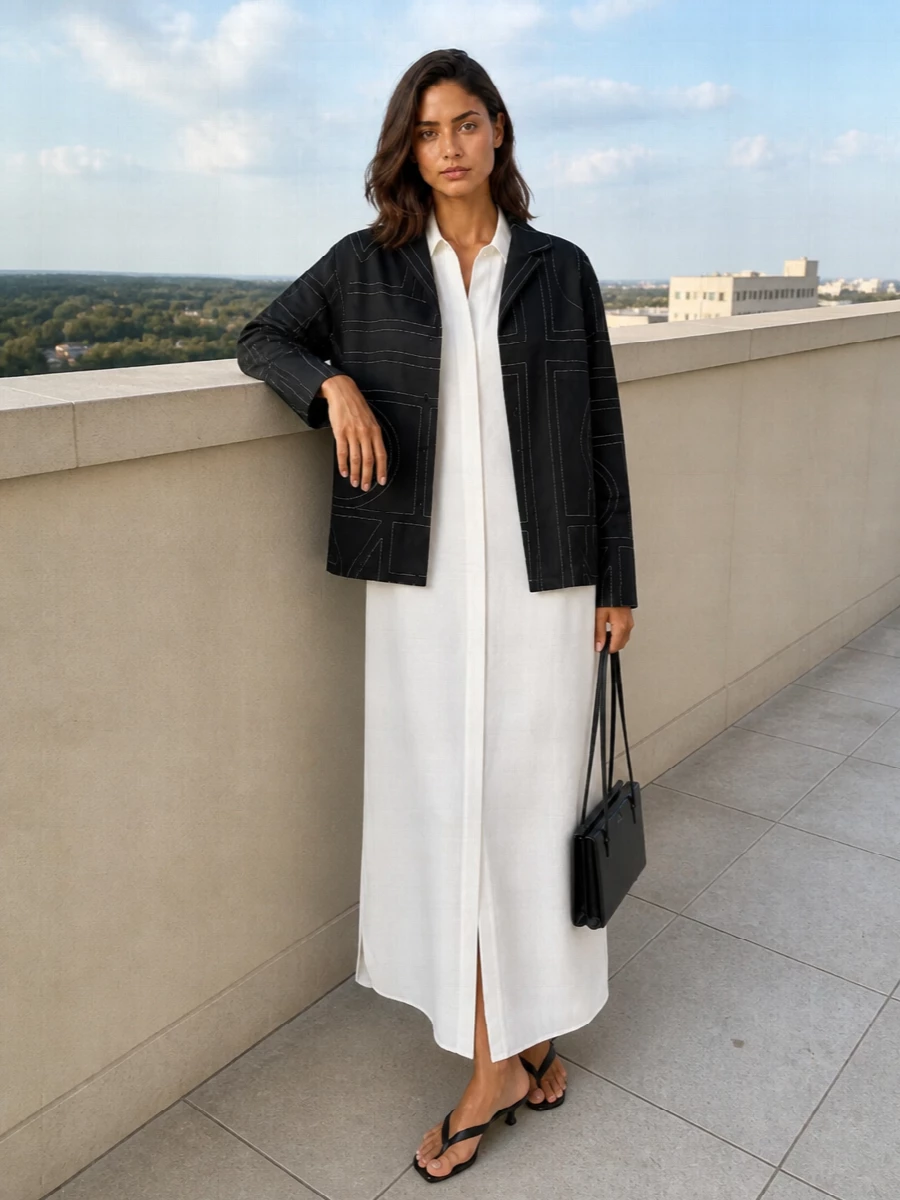Toteme geometric jacket white shirt dress outfit