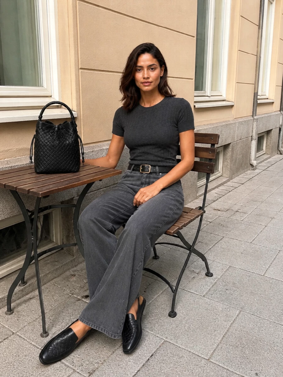 Bottega wide leg jeans charcoal knit outfit