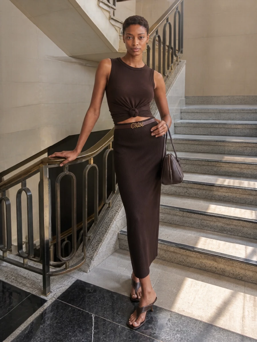 Magda brown tank max mara ribbed skirt outfit