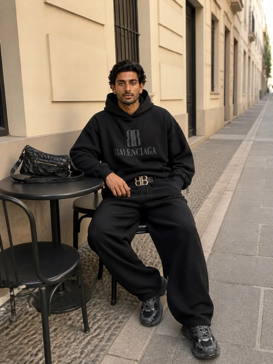 Balenciaga black hoodie track pants chunky sneakers