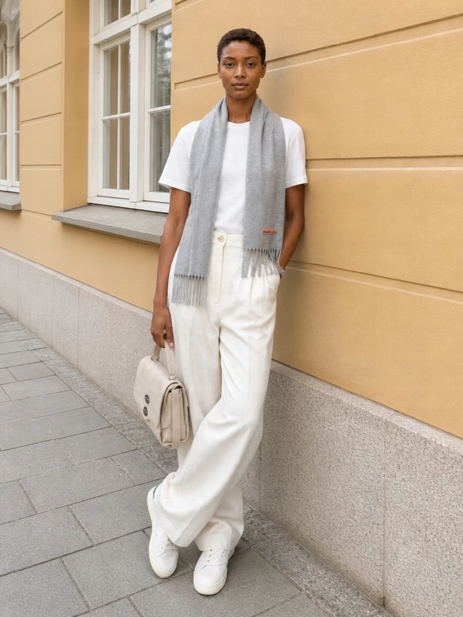 A crisp white tee and soft off-white wide-leg trouser create a quiet, tonal column that feels calm and intentional. Cream sneakers keep the volume grounded and relaxed, while the structured cream bag and pale grey scarf add subtle definition without disturbing the minimalism. It is an easy uniform for city days when you want clarity and softness at once.