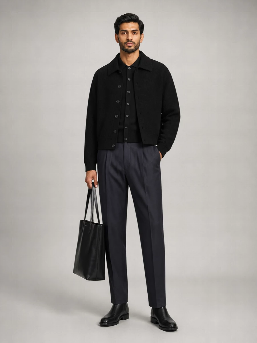 Dries Van Noten Wool Ribbed Asymmetric High Neck Cardigan