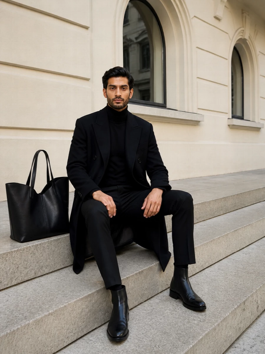 Saint laurent black overcoat turtleneck outfit