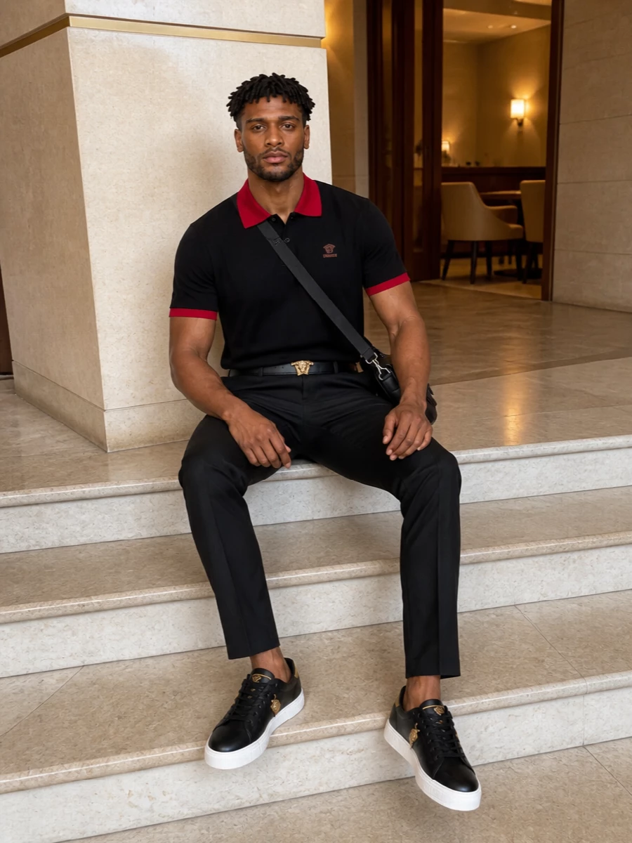 Versace black polo trousers sneakers outfit