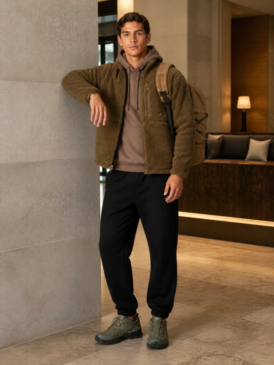 An earthy North Face story built around plush fleece, grounded with black joggers and technical olive runners for a city-to-trail attitude. Taupe and tan accents keep the palette warm and cohesive, while the structured backpack adds purpose to an otherwise relaxed, outdoorsy silhouette.