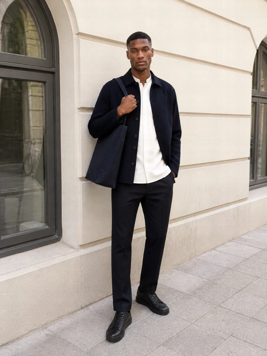 Deep navy tailoring and an ivory base keep this Valentino ensemble calm, precise and quietly assured. The soft tunic line, straight-leg trouser and sleek sneakers create a modern, city-ready uniform that moves easily from office-adjacent days to low-key dinners. A structured navy tote completes the monochrome story without shouting for attention.