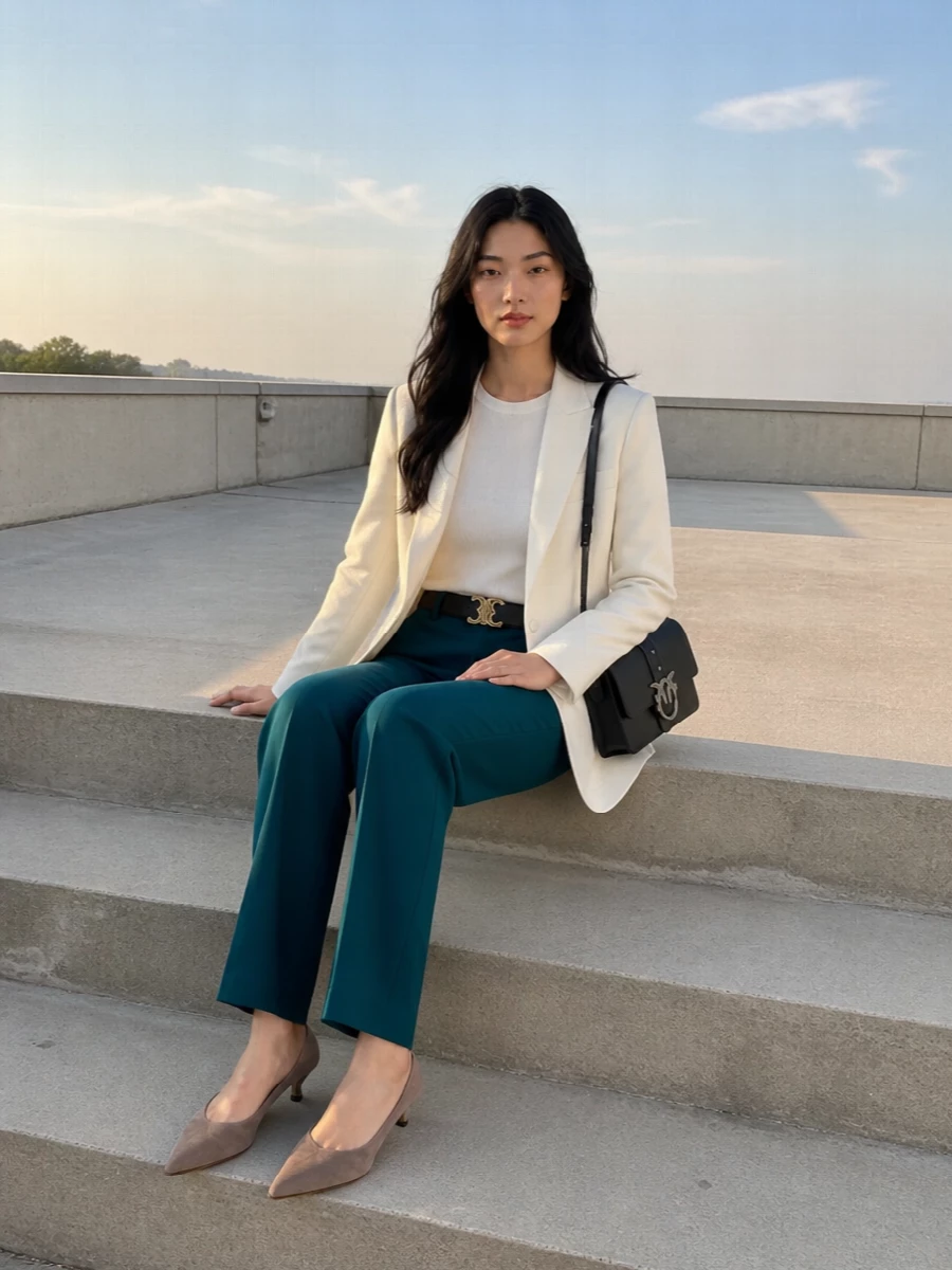 Pinko teal flared trousers ivory blazer outfit