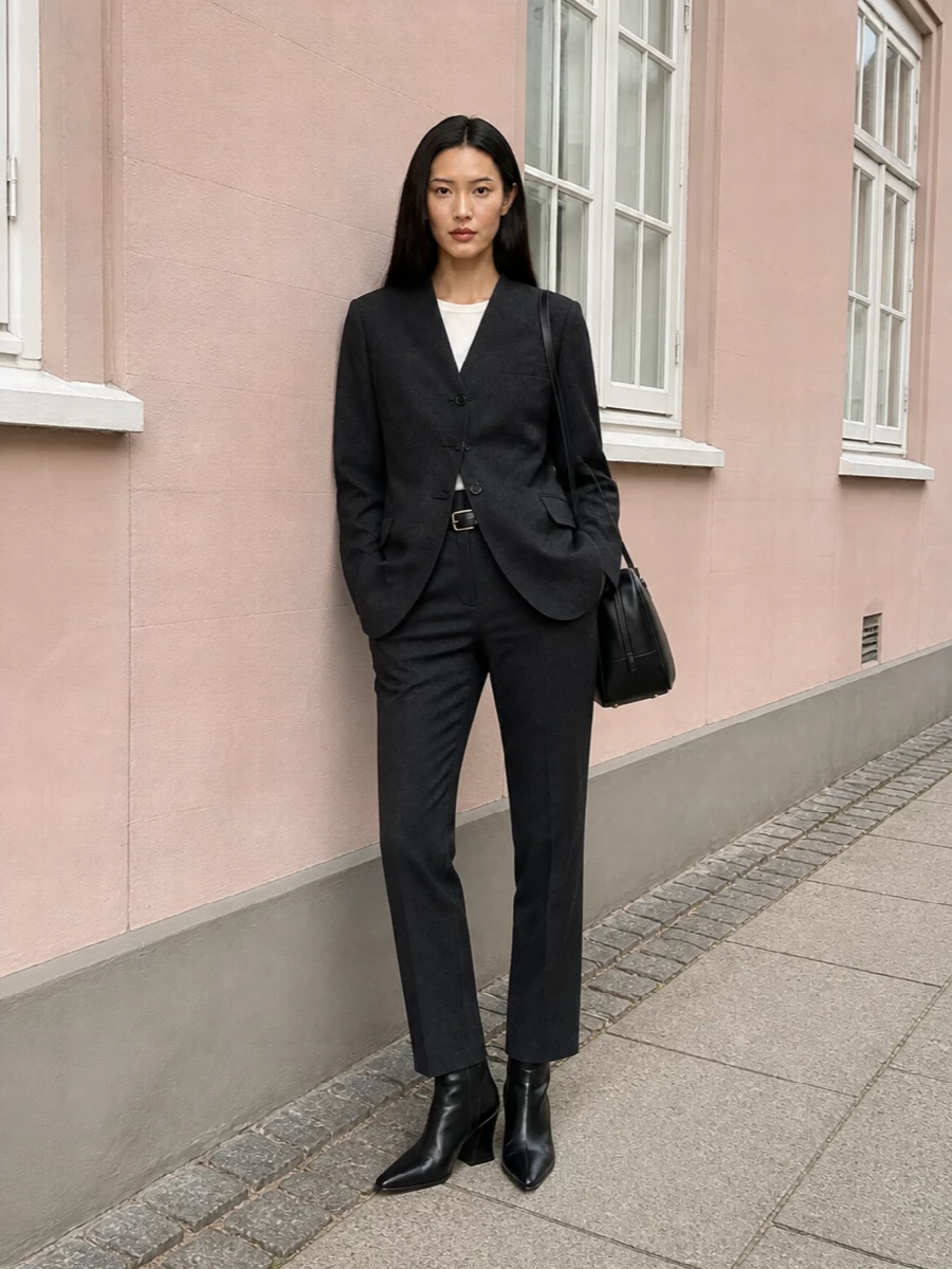 Jil sander charcoal suit black ankle boots