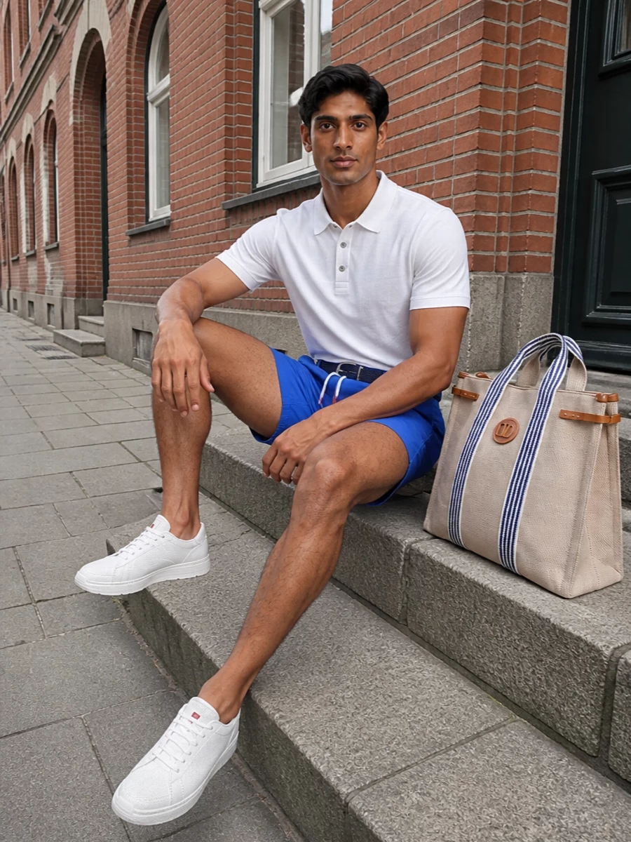 Kiton swim shorts white polo sneakers outfit