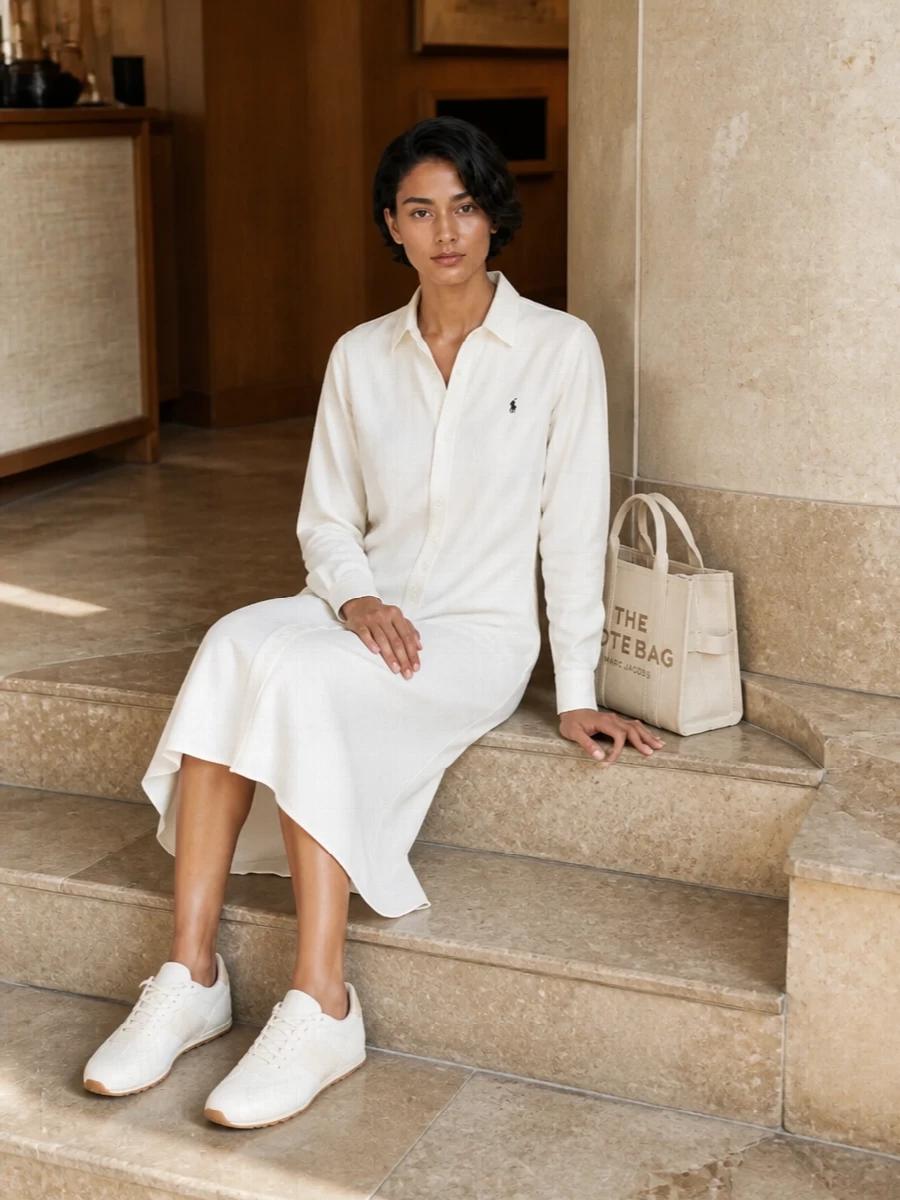 I’m anchoring this around the ivory Polo shirt dress rather than separates so the Marc Jacobs tote can sit against a clean, uninterrupted column of soft neutral. The retro Woolrich runners keep it grounded and a touch sporty, skewing the outfit toward modern street-preppy rather than prim, which feels right for an everyday tote that already has a graphic presence. The result is easy to wear from coffee runs to casual Fridays without ever feeling overthought.