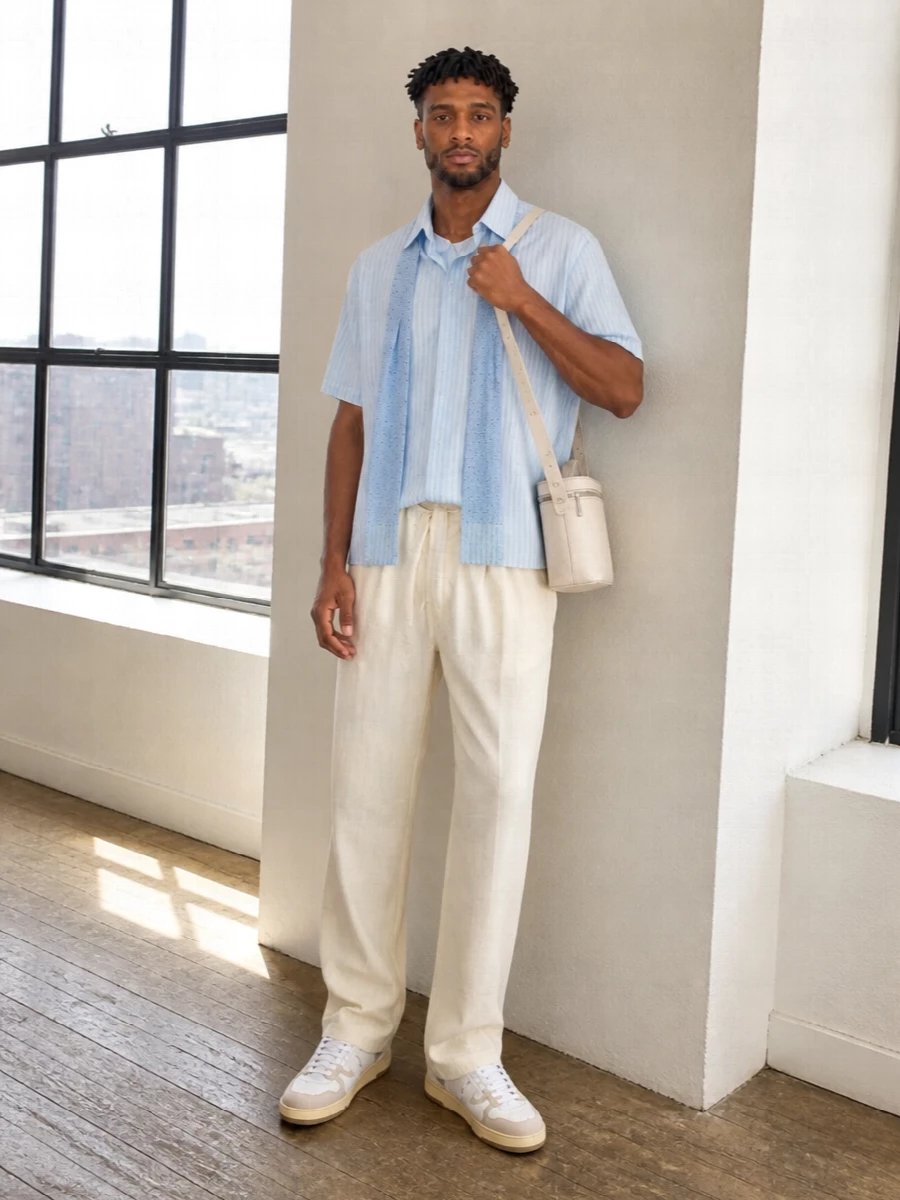 Lanvin striped shirt cream trousers outfit