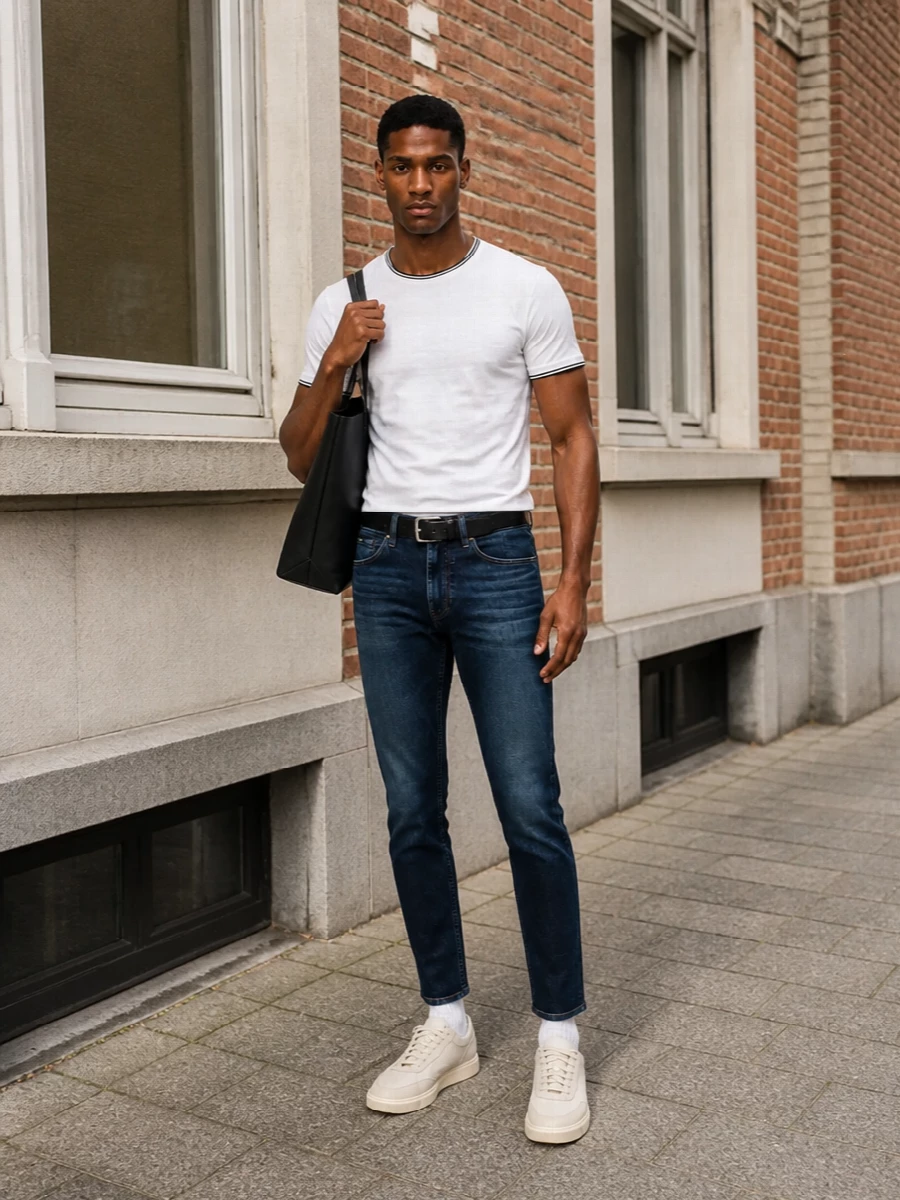 Boss white tee jeans cream sneakers