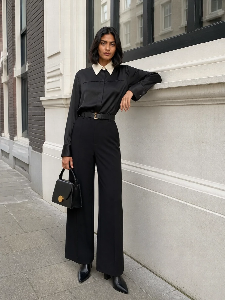 Jil sander satin shirt black wide leg trousers