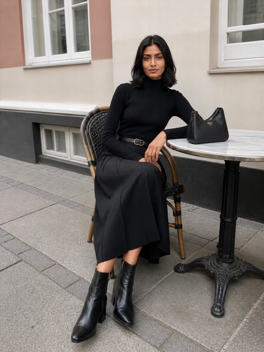 Parosh pleated midi skirt prada ankle boots outfit