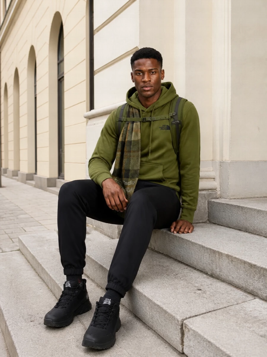 North face olive hoodie black joggers outfit