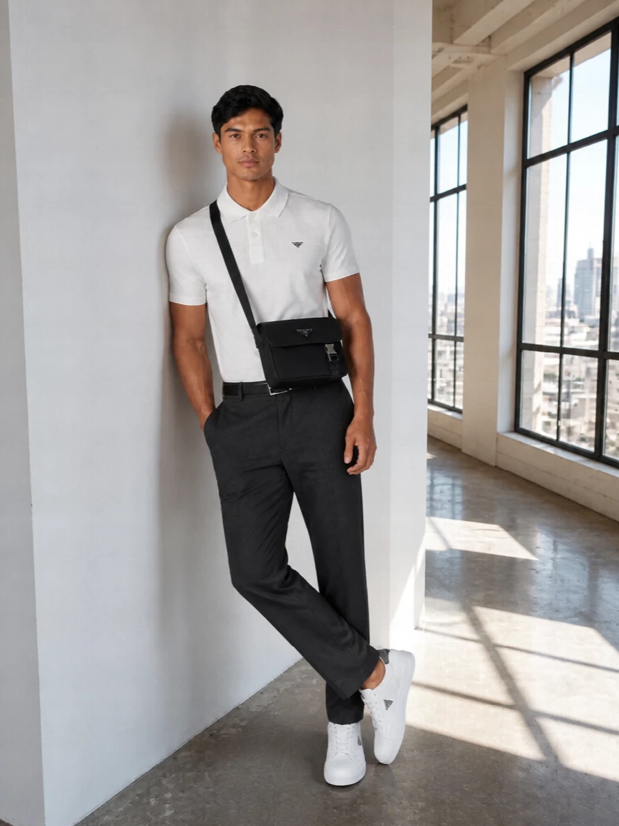 Prada white polo charcoal trousers white sneakers