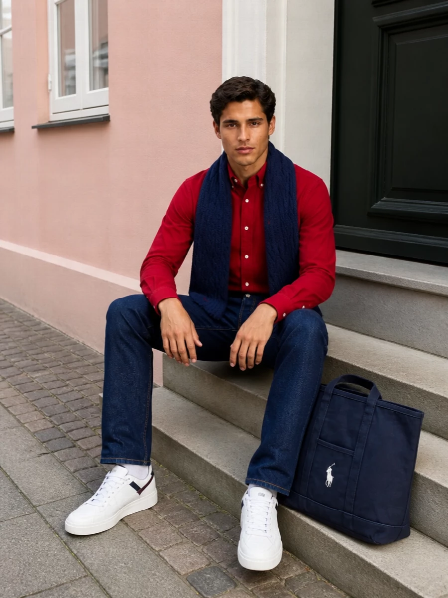 Polo ralph lauren red shirt dark jeans outfit