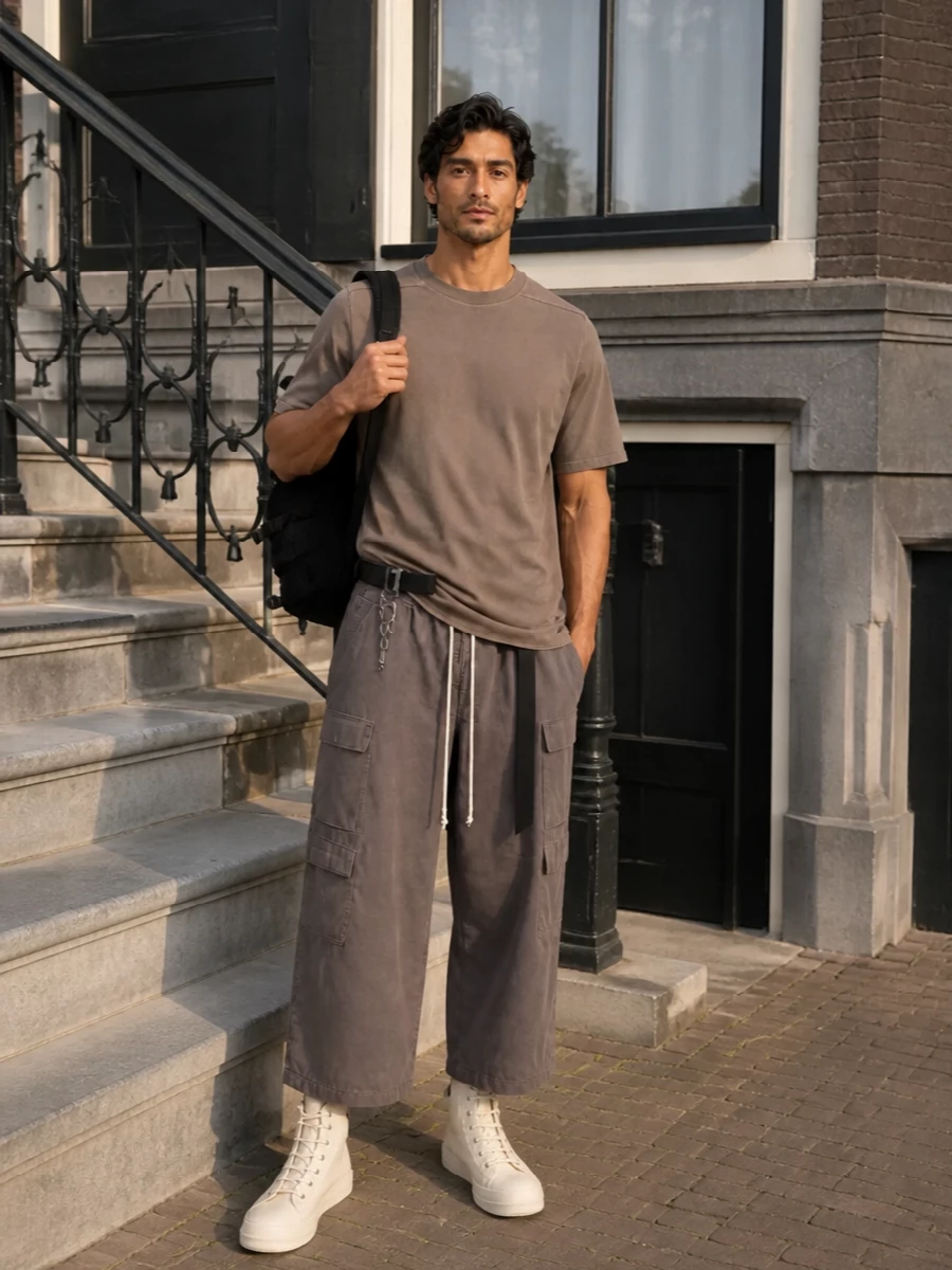 Monochrome taupe on top of the wide cropped cargos builds a single, elongated column, with the trailing black tape adding just enough disruption to keep the silhouette distinctly Rick. Cream high-tops pick up the chalk drawcords and keep the proportions grounded yet agile, while the quilted black backpack and industrial belt quietly sharpen the utilitarian mood without pulling focus from the volume play.
