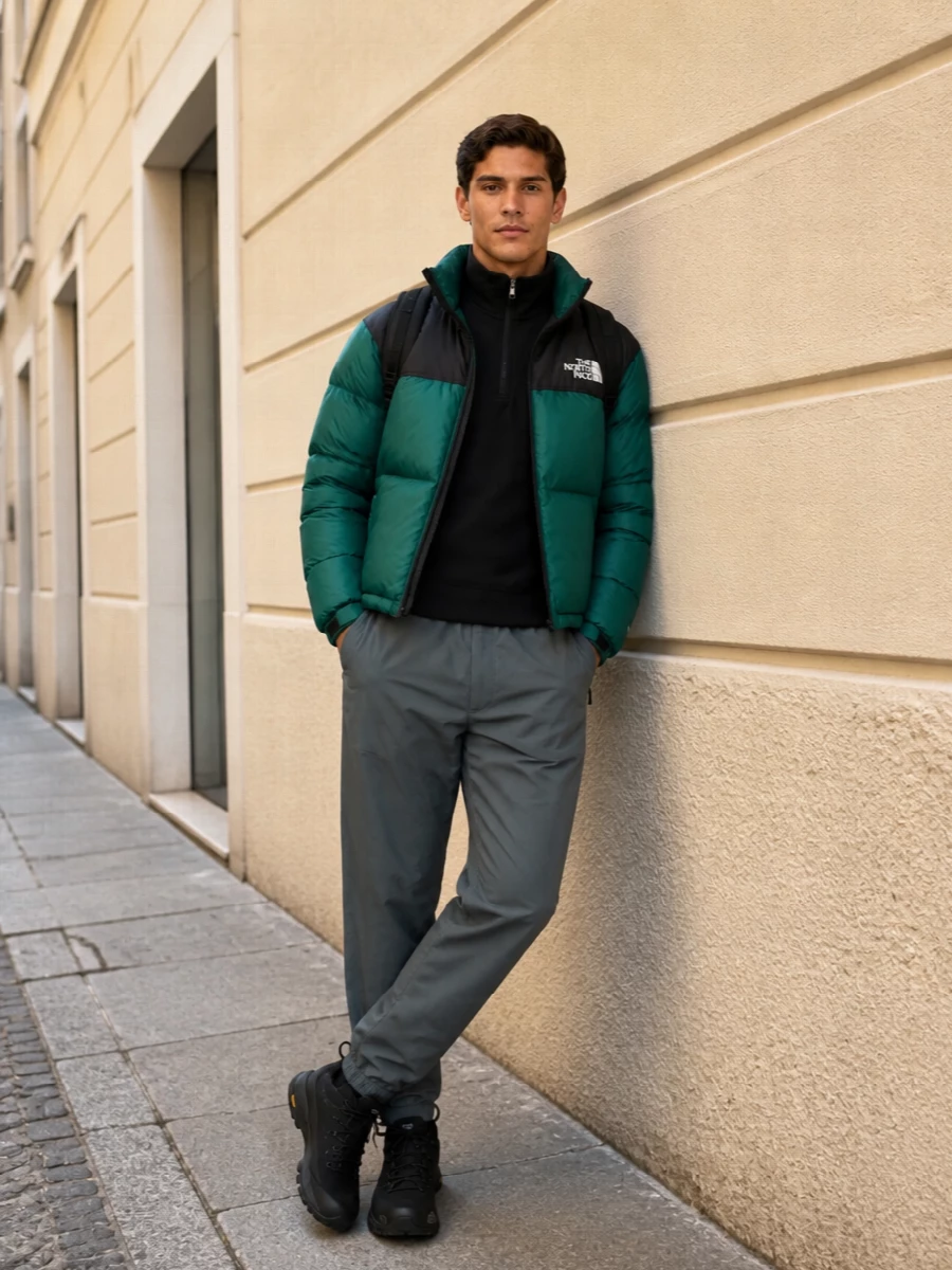 The north face puffer trail sneaker outfit