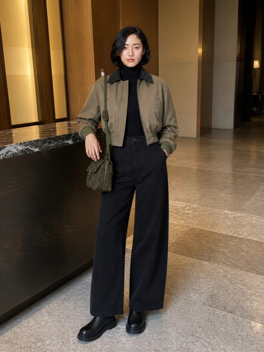 Bottega bomber black wide leg trouser outfit