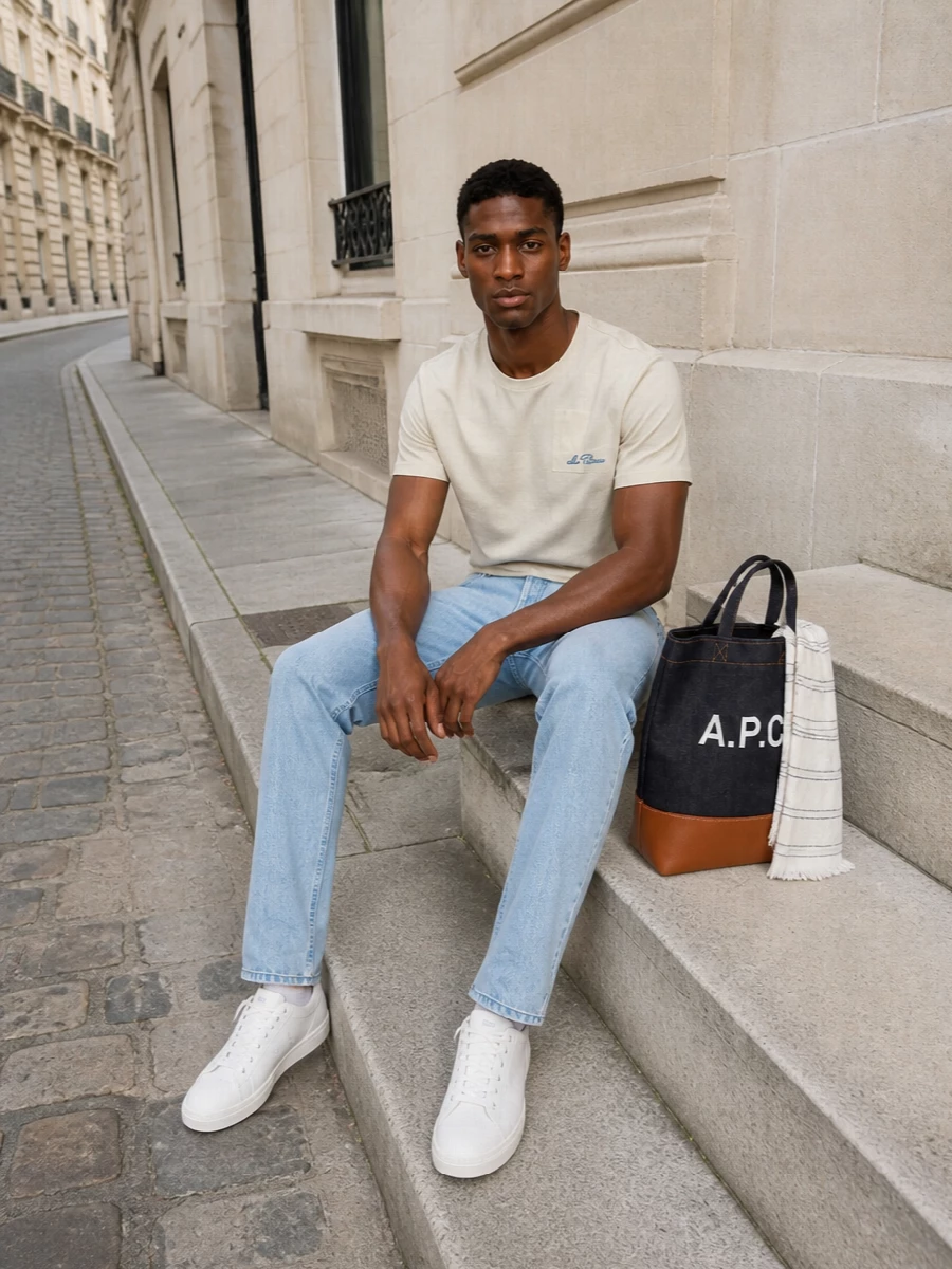Light blue straight denim and a clean white court sneaker keep the beige tee feeling fresh rather than flat, giving you a simple, modern mix of neutrals and soft colour. The A.P.C. tote and slim striped scarf introduce just enough graphic detail to keep things interesting while staying calm and easy for warm days in the city.