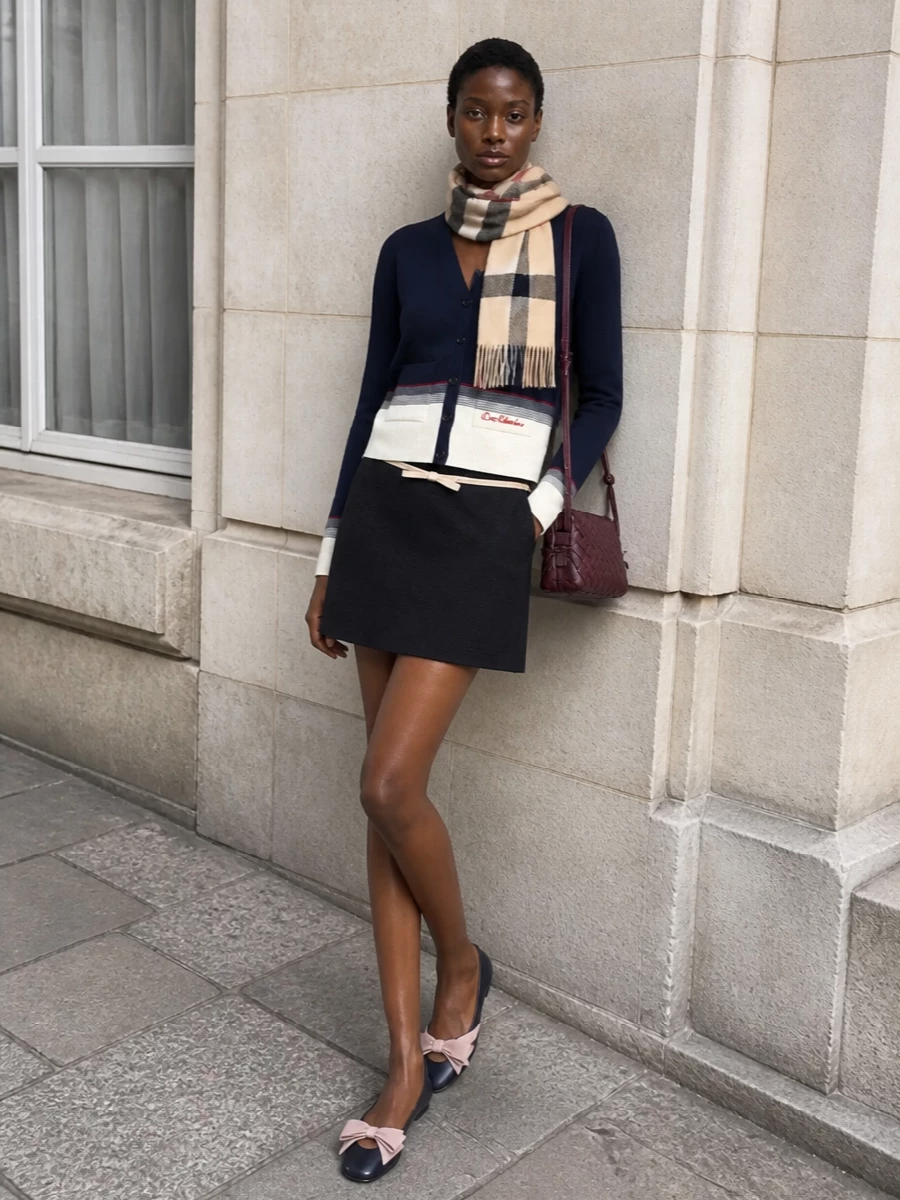 This look channels a polished, collegiate quiet luxury: the navy varsity cardigan is paired with the navy A-line mini, with both pieces linked by subtle ivory bow accents for a coherent, feminine line. Inky bow-detailed ballerinas keep the mood refined yet easy, while the burgundy intrecciato cross-body and neutral heritage scarf add depth and texture, making the outfit ideal for crisp FW city days and smart casual evenings.