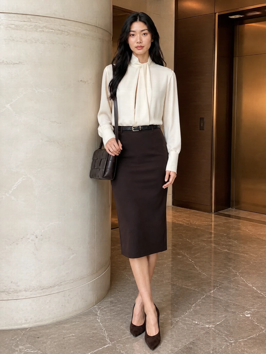 Bottega veneta pencil skirt ivory blouse outfit