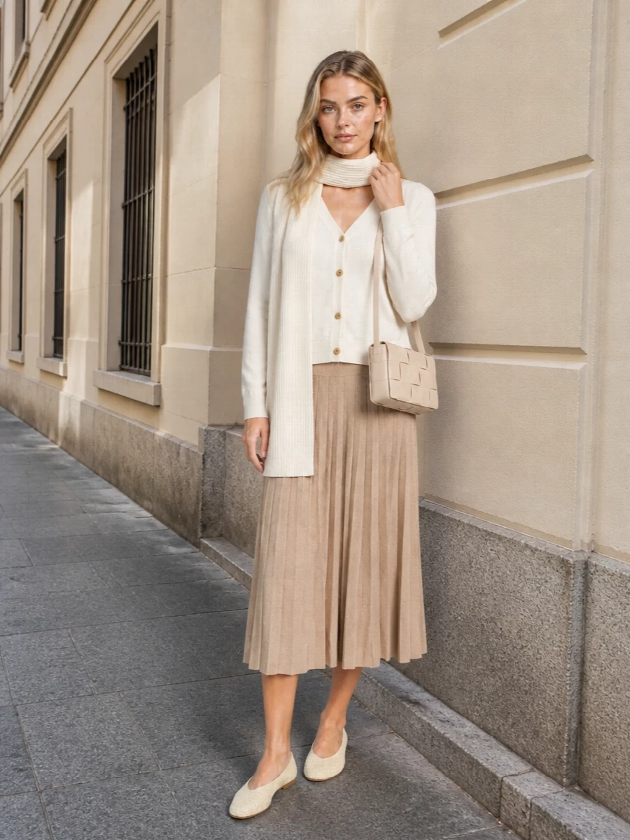 An off-white V-neck cardigan tops a camel knit pleated midi, creating a soft preppy column in warm, understated neutrals. Buttercream woven flats and a matching cross-body keep the lines clean and low-profile while still firmly in the luxury space. The ivory scarf finishes it with quiet texture and a little extra winter softness around the neckline.