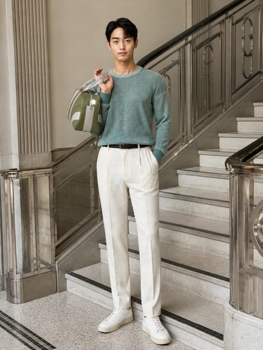 Emporio armani sage sweater off white trousers