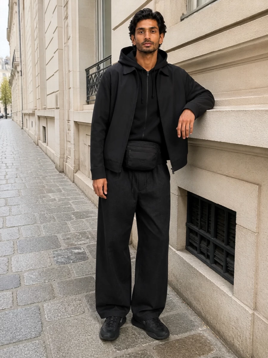 Y3 black coach jacket wide leg pants outfit