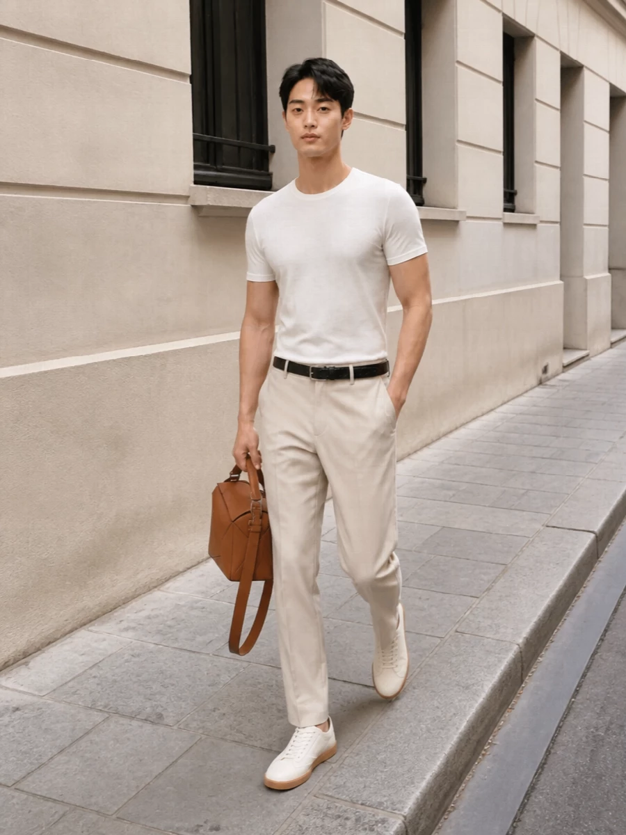 This look builds on the white Zegna tee with light beige tailored trousers for a clean, tonal SS uniform that feels polished yet effortless. Cream leather sneakers keep the silhouette modern and relaxed, while the tan geometric Loewe bag and a discreet textured belt add subtle structure and depth without disturbing the minimalist, quiet-luxury mood. It’s an easy, day‑to‑dinner combination that reads refined but never fussy.